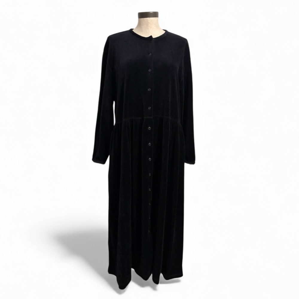 Eddie Bauer Vintage Velour Black Button-Down Maxi 
Dress Modest Minimalist XL